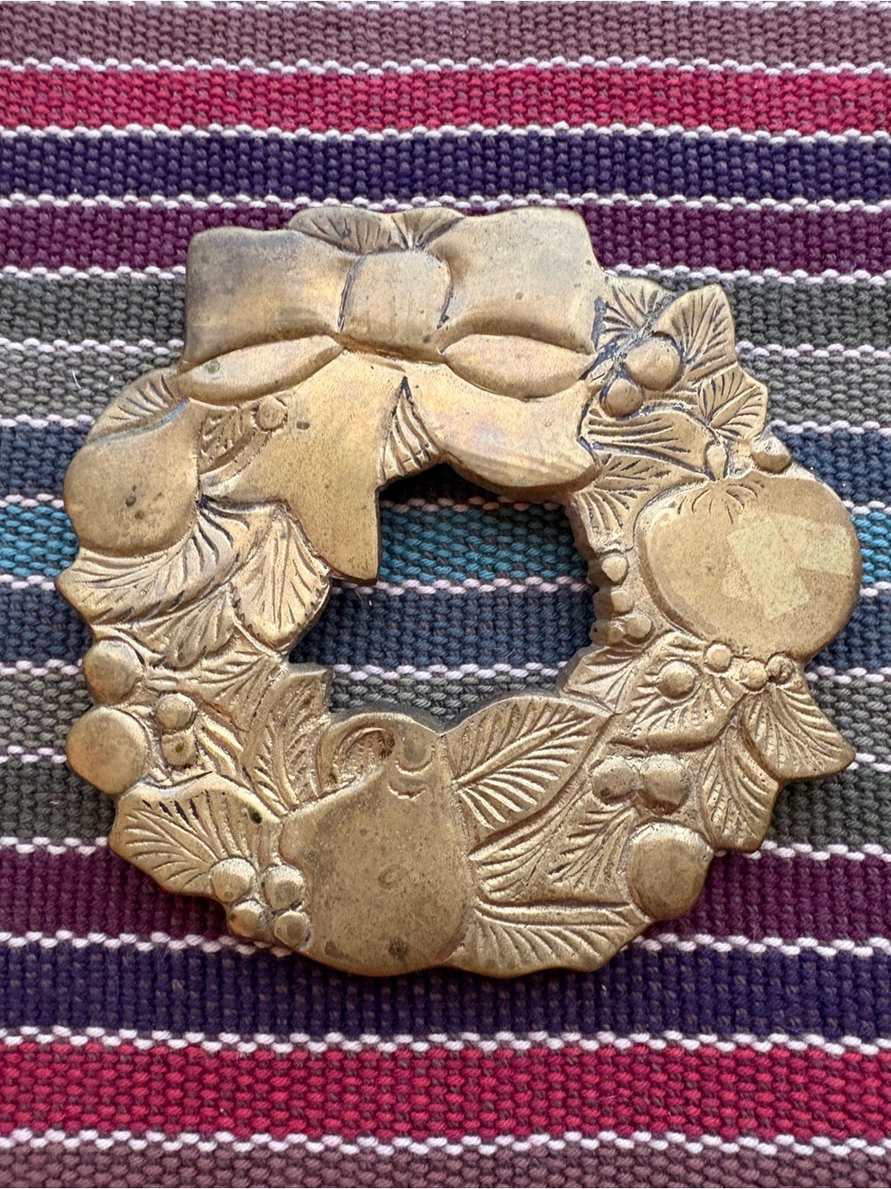 Vintage 1981 Rubel Solid Brass Christmas Wreath Trivet Fruit Bow